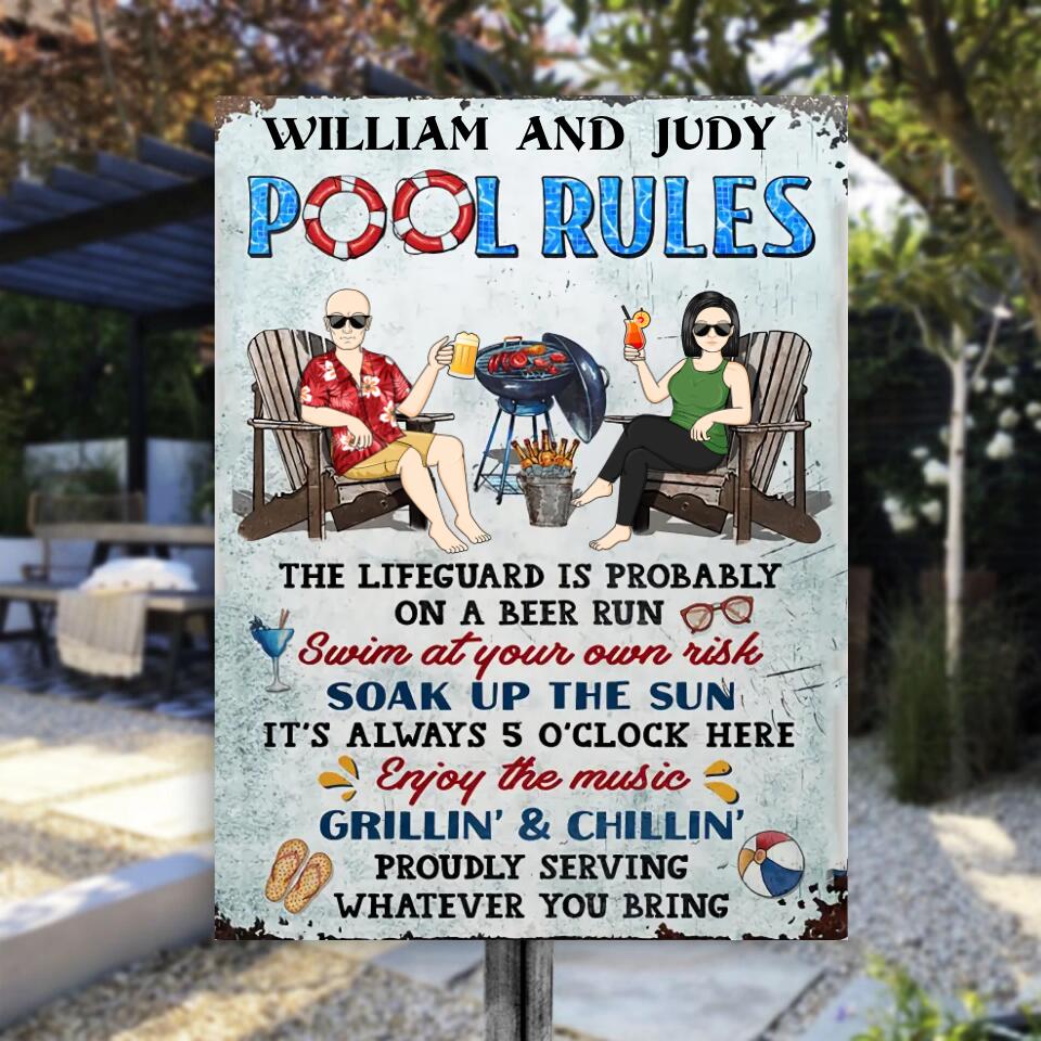 Pool Rules Swim At Your Own Risk Grilling Couple Husband Wife - Backyard Sign - Personalized Custom Classic Metal Signs ms-f23