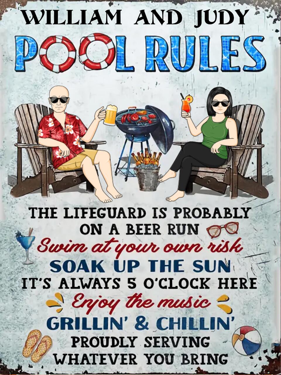 Pool Rules Swim At Your Own Risk Grilling Couple Husband Wife - Backyard Sign - Personalized Custom Classic Metal Signs ms-f23