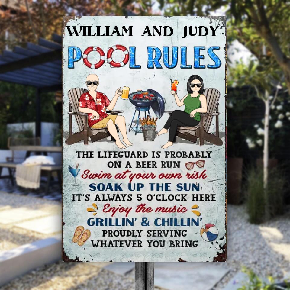 Pool Rules Swim At Your Own Risk Grilling Couple Husband Wife - Backyard Sign - Personalized Custom Classic Metal Signs ms-f23