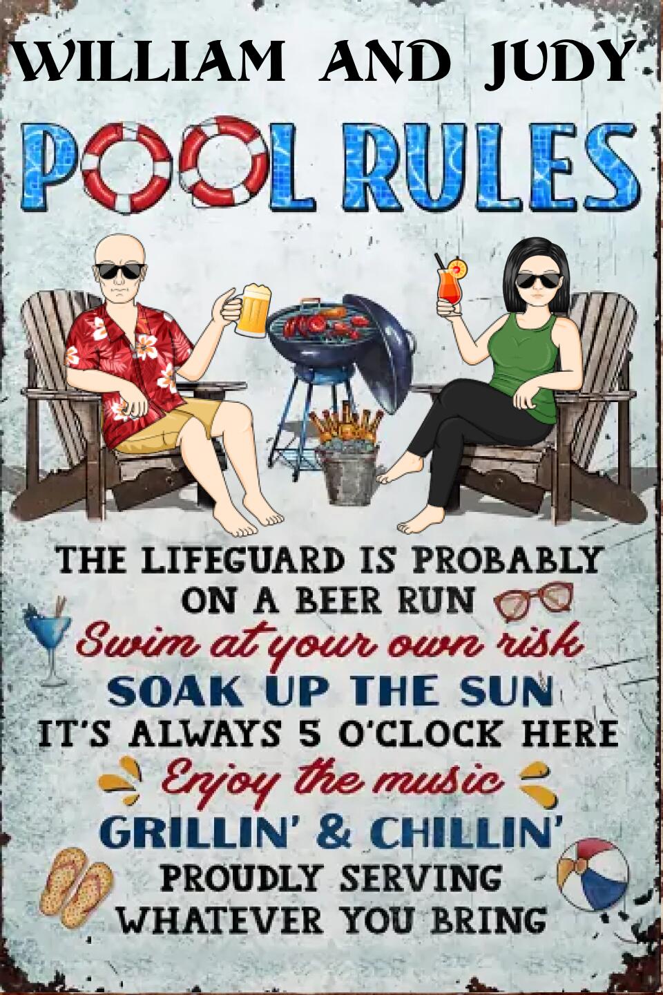 Pool Rules Swim At Your Own Risk Grilling Couple Husband Wife - Backyard Sign - Personalized Custom Classic Metal Signs ms-f23