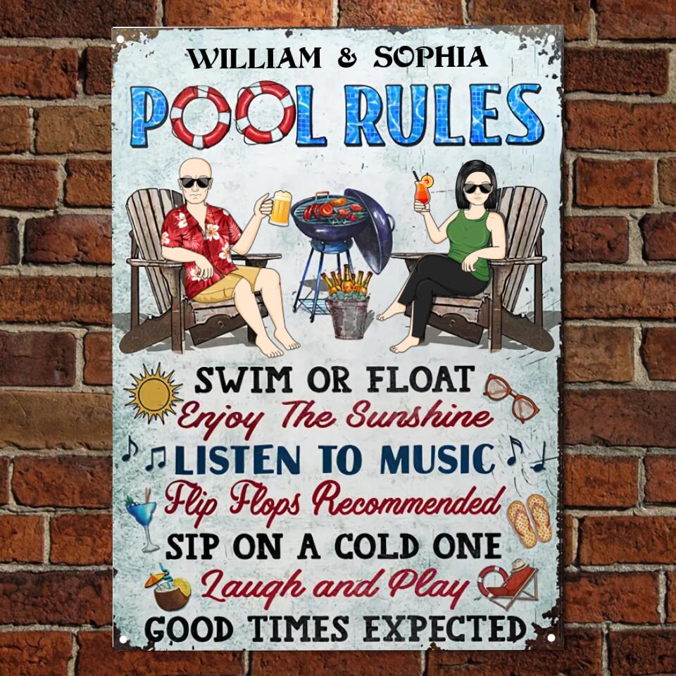 Pool Rules Grilling Swim Or Float Enjoy The Sunshine Couple Husband Wife - Backyard Sign - Personalized Custom Classic Metal Signs F86