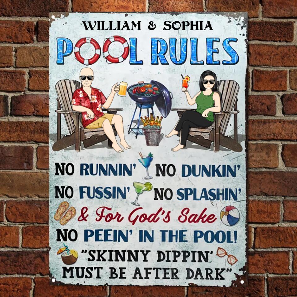 Pool Rules Grilling No Running No Splashing No Dunking Couple Husband Wife - Backyard Sign - Personalized Custom Classic Metal Signs F87