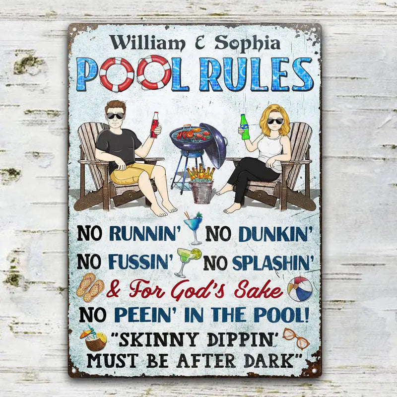 Pool Rules Grilling No Running No Splashing No Dunking Couple Husband Wife - Backyard Sign - Personalized Custom Classic Metal Signs F87