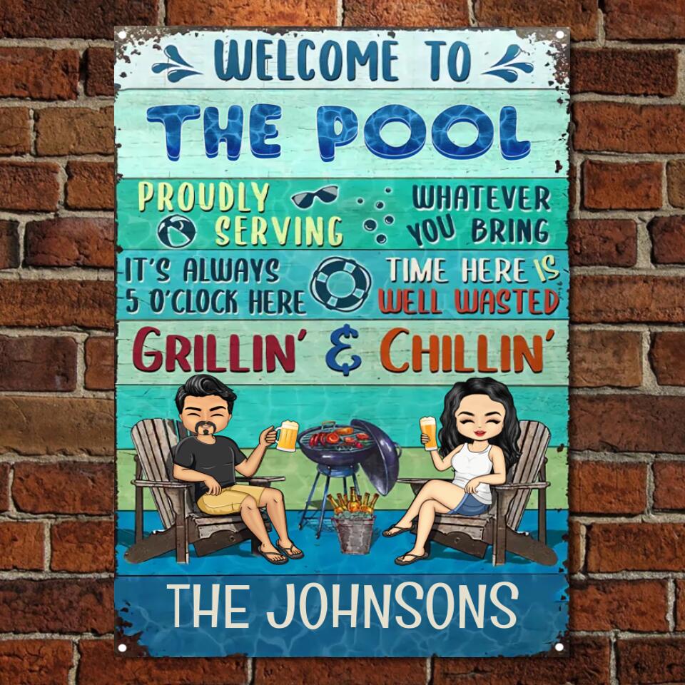 Poolside Proudly Serving Whatever You Bring Chibi Husband Wife Couple - Pool Sign - Personalized Custom Classic Metal Signs F37