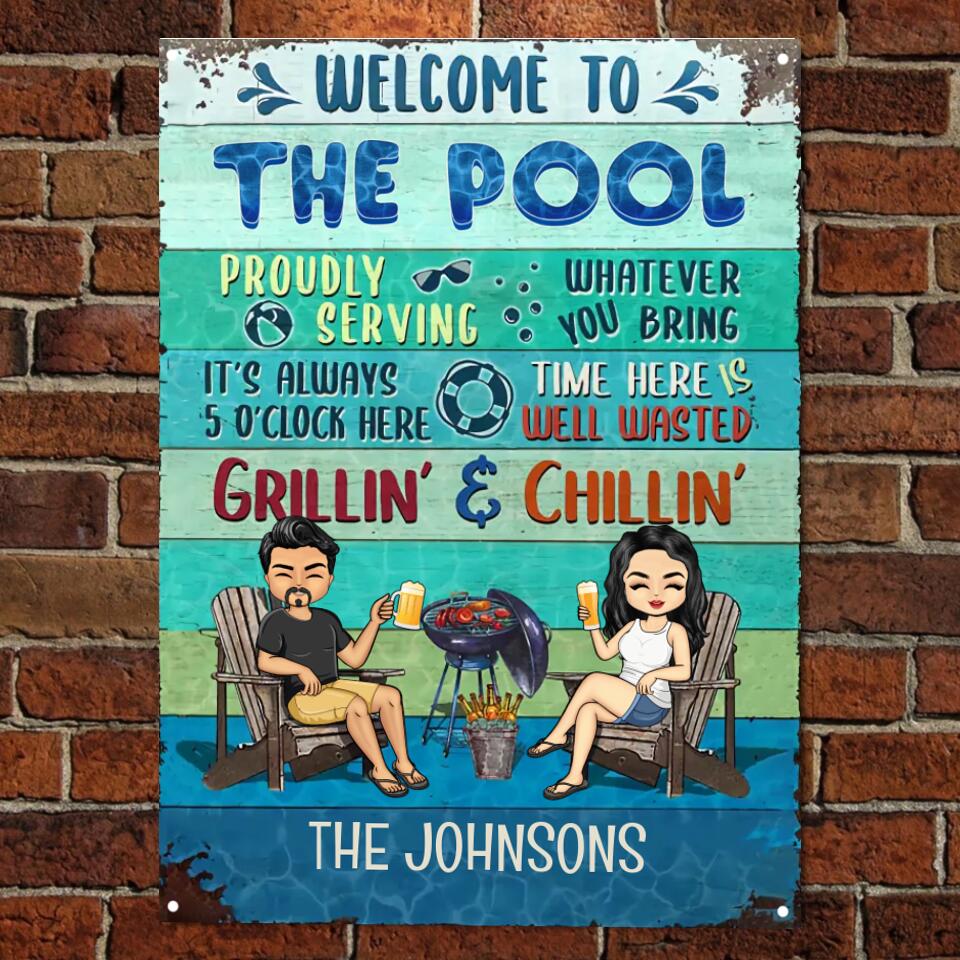 Poolside Proudly Serving Whatever You Bring Chibi Husband Wife Couple - Pool Sign - Personalized Custom Classic Metal Signs F37