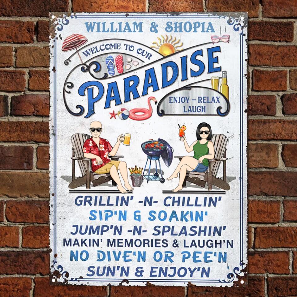 Family Couple Swimming Pool Welcome To Our Paradise - Pool Sign - Personalized Custom Classic Metal Signs F111