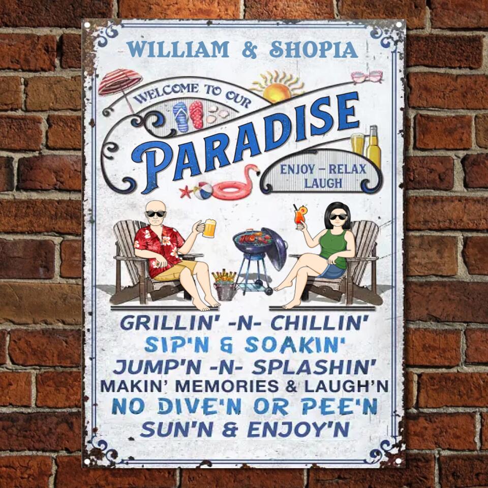 Family Couple Swimming Pool Welcome To Our Paradise - Pool Sign - Personalized Custom Classic Metal Signs F111