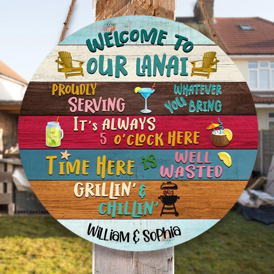Lanai Welcome Proudly Serving Custom Wood Circle Sign WS-F10