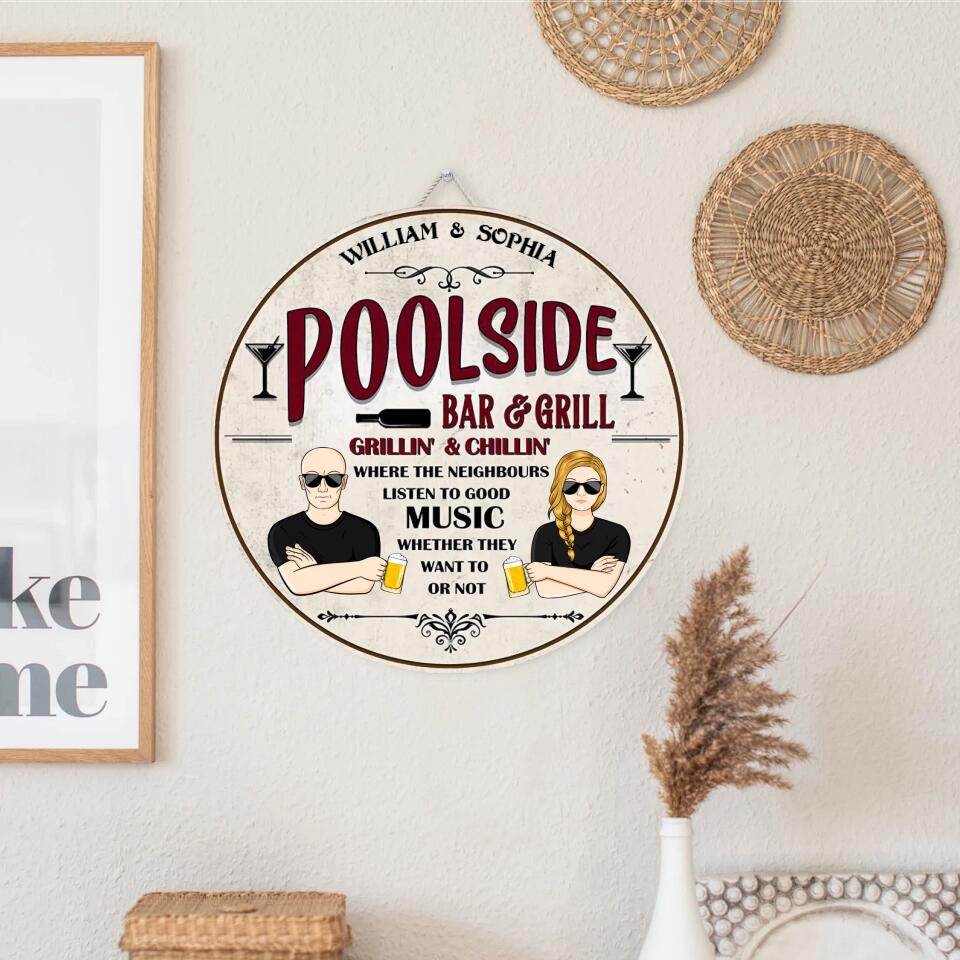 Poolside Neighbors Listen To Good Music - Swimming Pool Decor - Personalized Custom Wood Circle Sign WS-F28