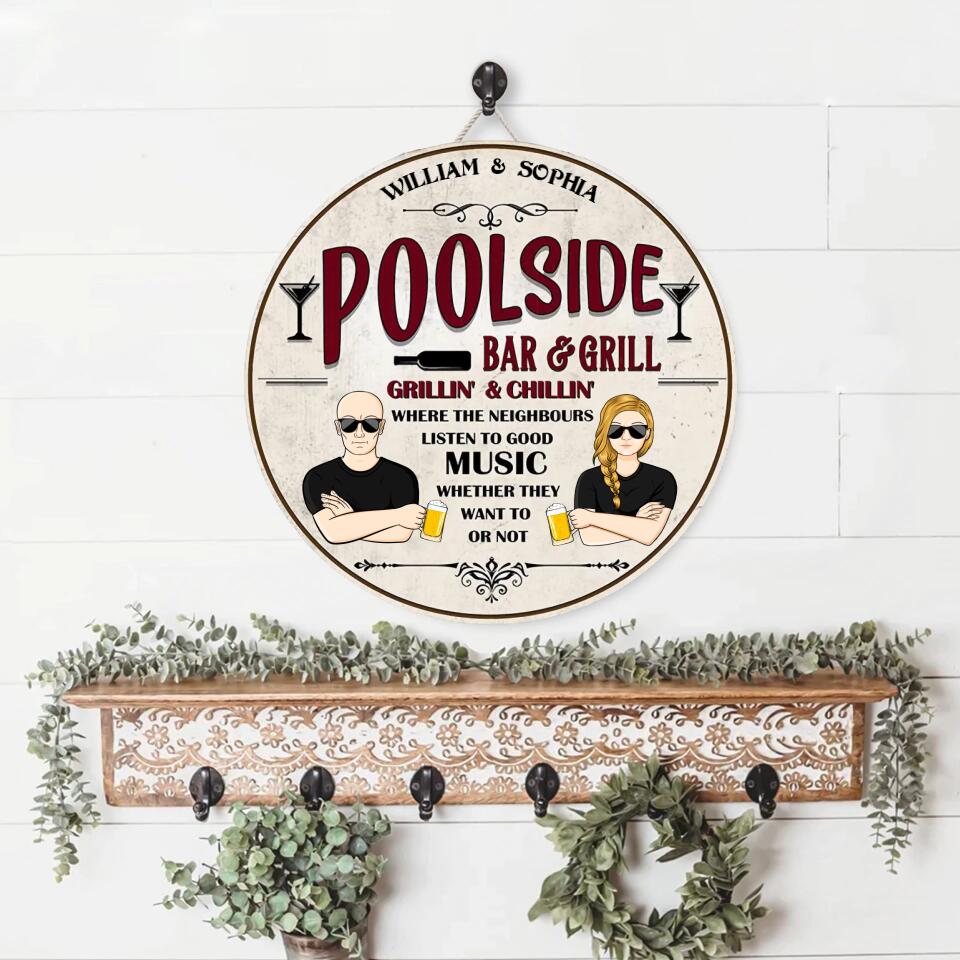 Poolside Neighbors Listen To Good Music - Swimming Pool Decor - Personalized Custom Wood Circle Sign WS-F28