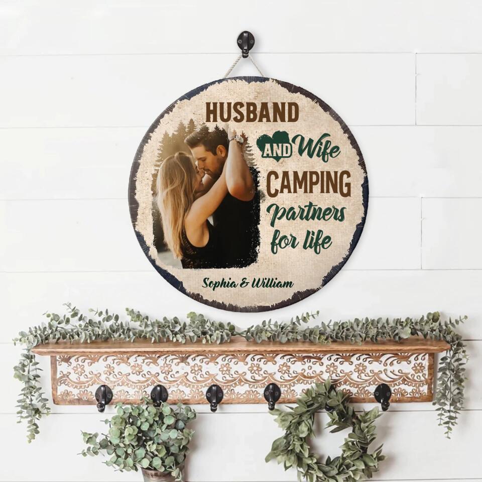 Custom Photo Husband And Wife Camping Partners For Life - Gift For Camping Couples - Personalized Custom Wood Circle Sign WS-F9