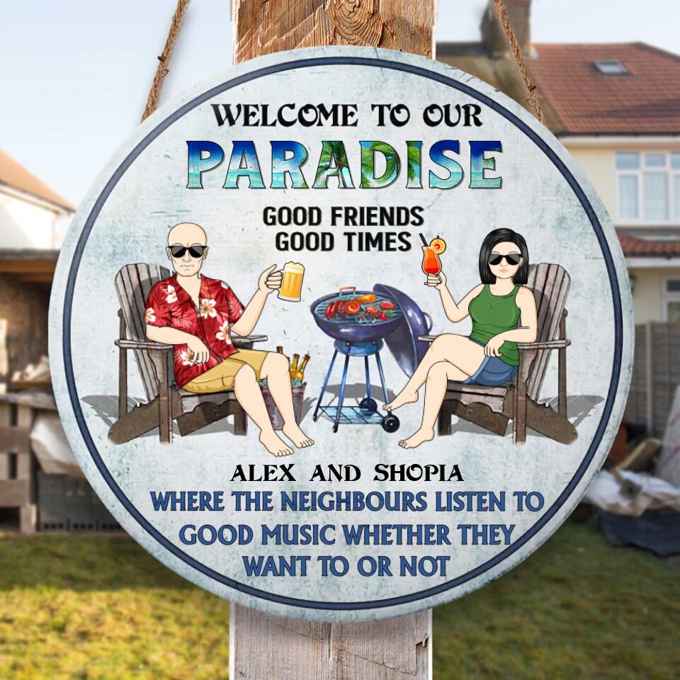 Poolside Grilling Listen To Good Music Couple Husband Wife - Backyard Sign - Personalized Custom Wood Circle Sign WS-F6