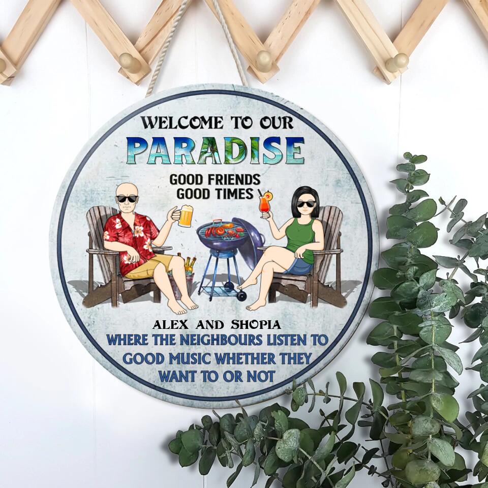 Poolside Grilling Listen To Good Music Couple Husband Wife - Backyard Sign - Personalized Custom Wood Circle Sign WS-F6