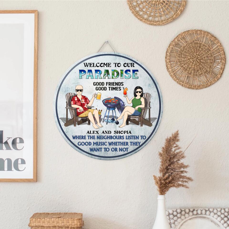 Poolside Grilling Listen To Good Music Couple Husband Wife - Backyard Sign - Personalized Custom Wood Circle Sign WS-F6