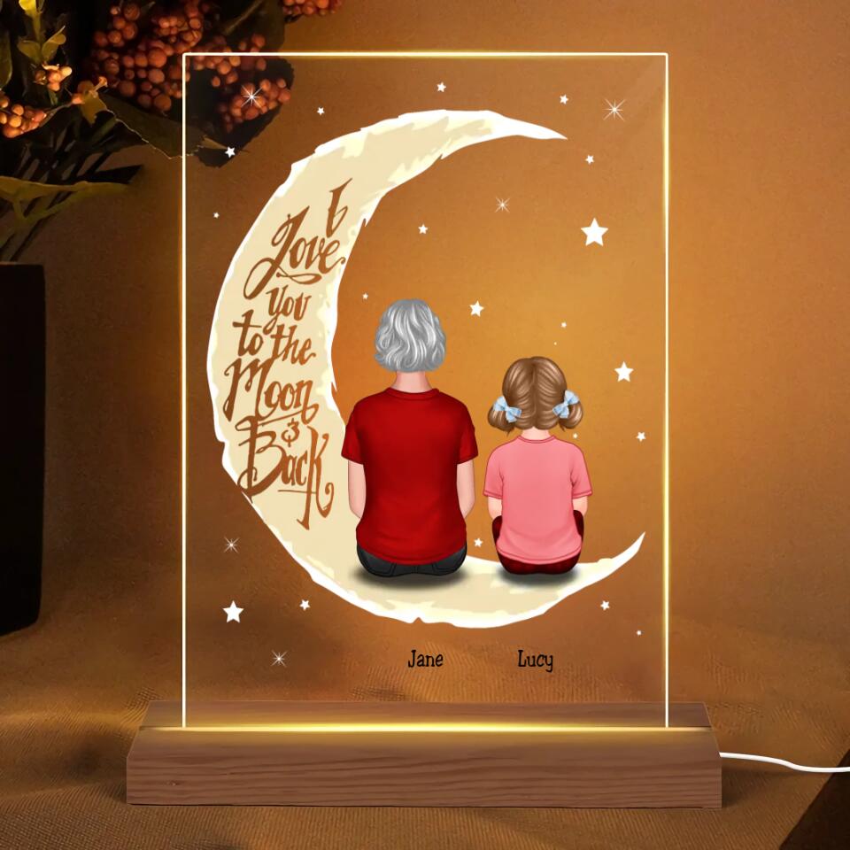 Grandma & Grandkid On Moon Back View Personalised Acrylic Plaque - Gift For Grandmother PL-F21