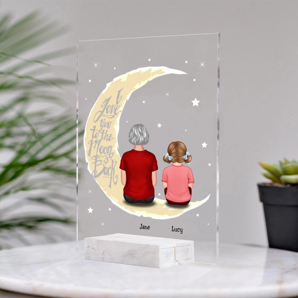 Grandma & Grandkid On Moon Back View Personalised Acrylic Plaque - Gift For Grandmother PL-F21