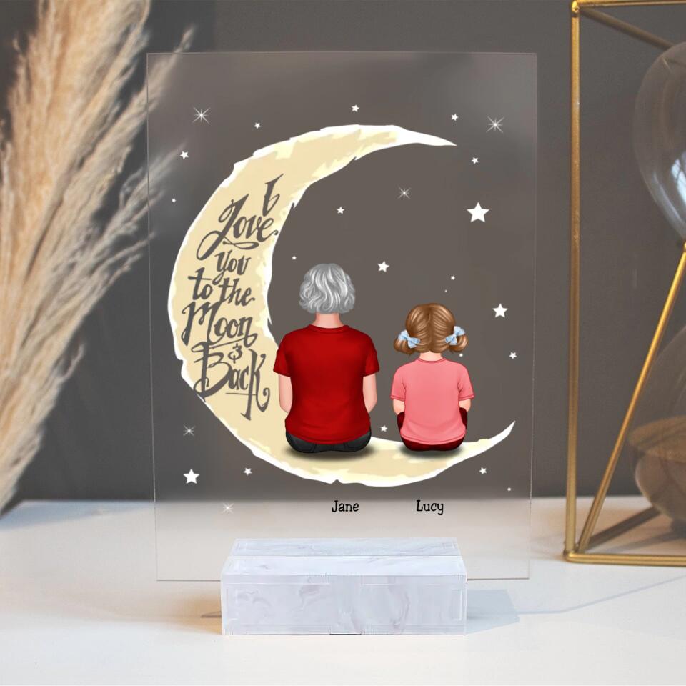 Grandma & Grandkid On Moon Back View Personalised Acrylic Plaque - Gift For Grandmother PL-F21