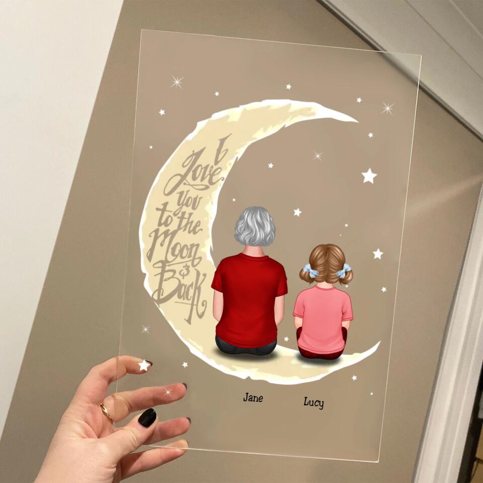 Grandma & Grandkid On Moon Back View Personalised Acrylic Plaque - Gift For Grandmother PL-F21