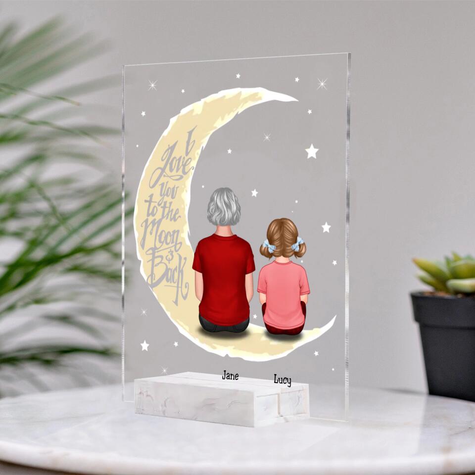 Grandma & Grandkid On Moon Back View Personalised Acrylic Plaque - Gift For Grandmother PL-F21