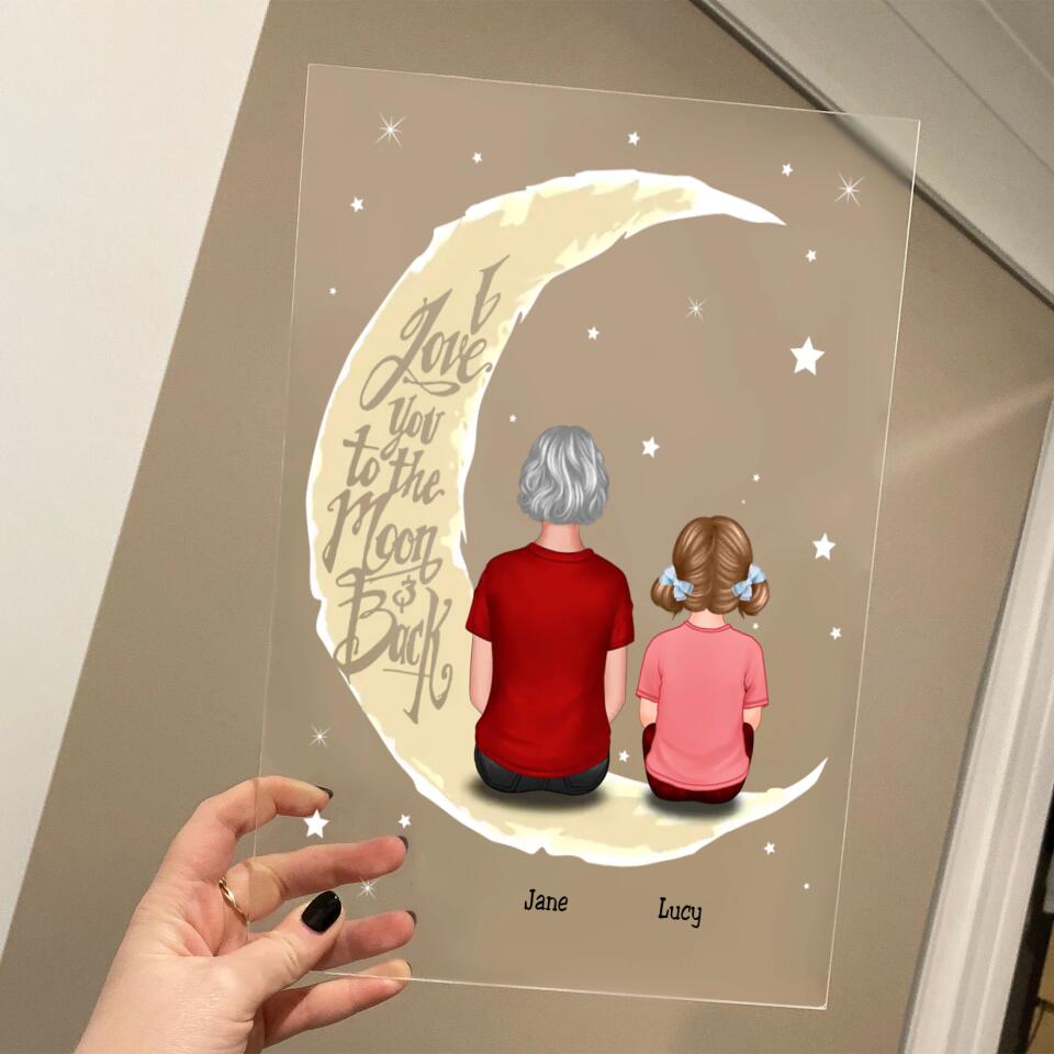 Grandma & Grandkid On Moon Back View Personalised Acrylic Plaque - Gift For Grandmother PL-F21