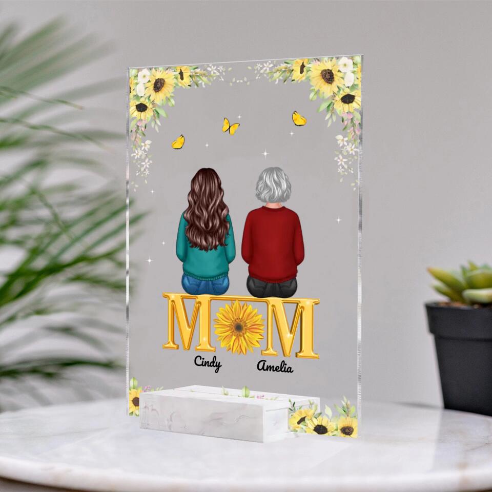 Mom Sons Daughters Back View Sitting On Text Sunflower Personalized Acrylic Plaque PLF20