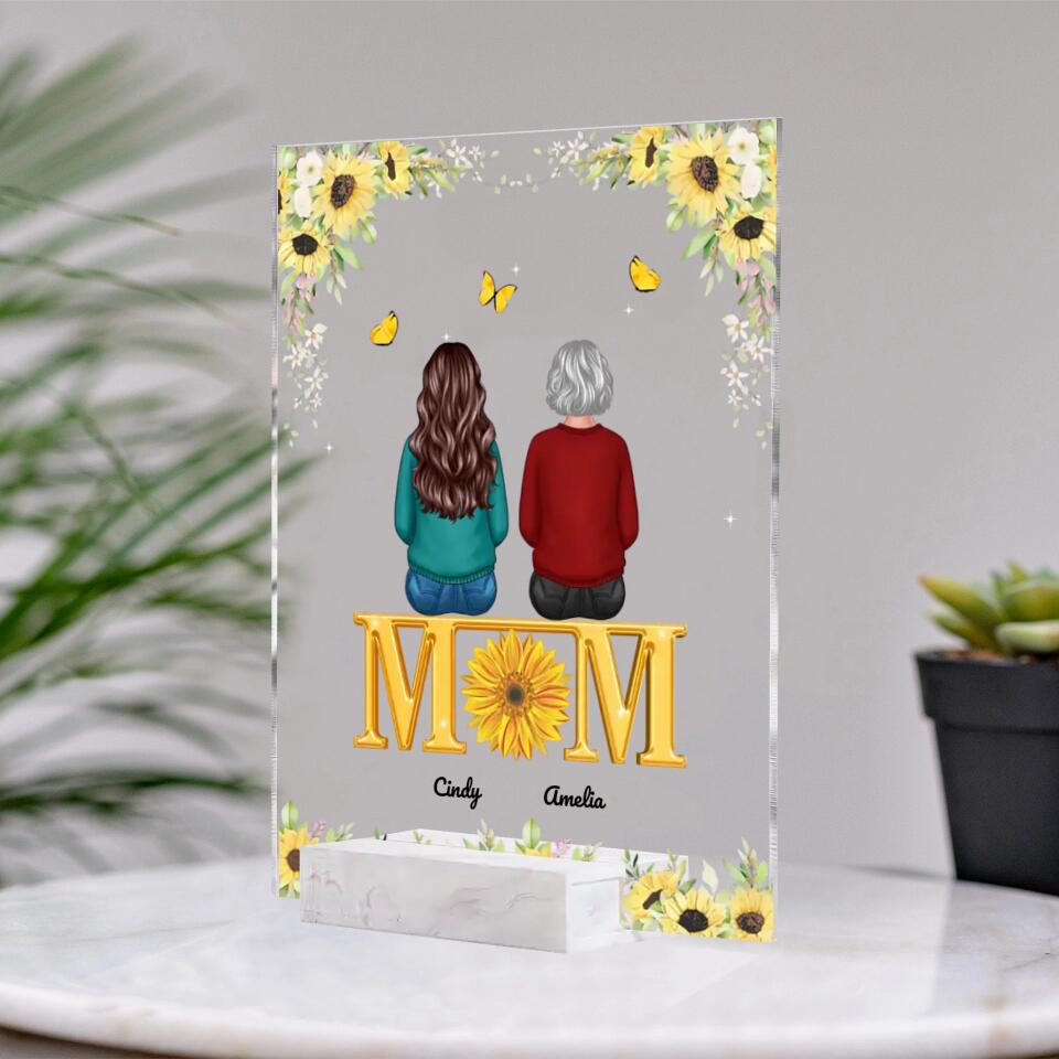 Mom Sons Daughters Back View Sitting On Text Sunflower Personalized Acrylic Plaque PLF20