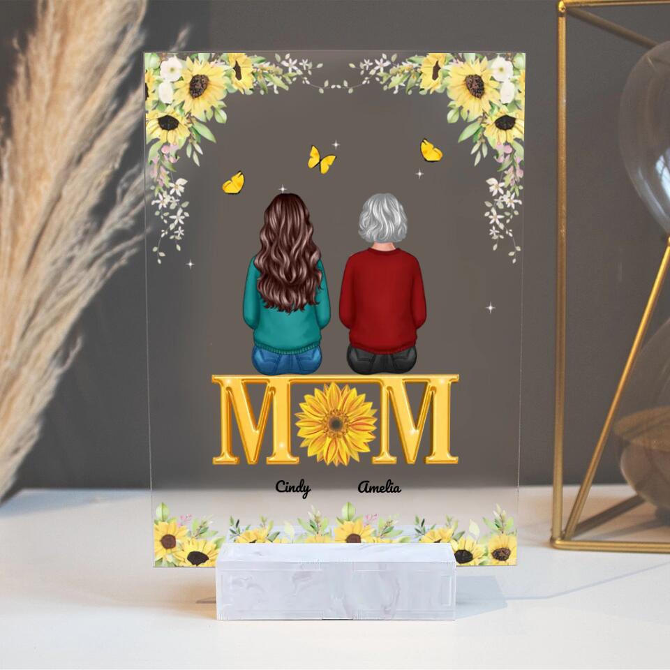 Mom Sons Daughters Back View Sitting On Text Sunflower Personalized Acrylic Plaque PLF20