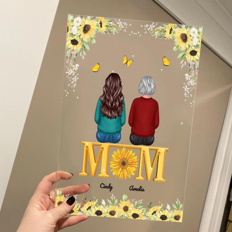 Mom Sons Daughters Back View Sitting On Text Sunflower Personalized Acrylic Plaque PLF20