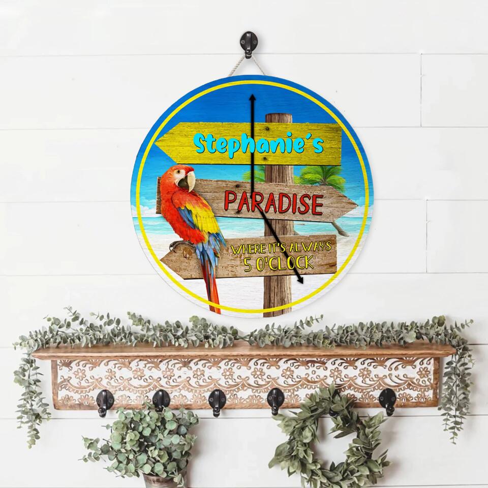 Personalized Beach Paradise 5 O'clock Customized Wood Circle Sign WS-F27