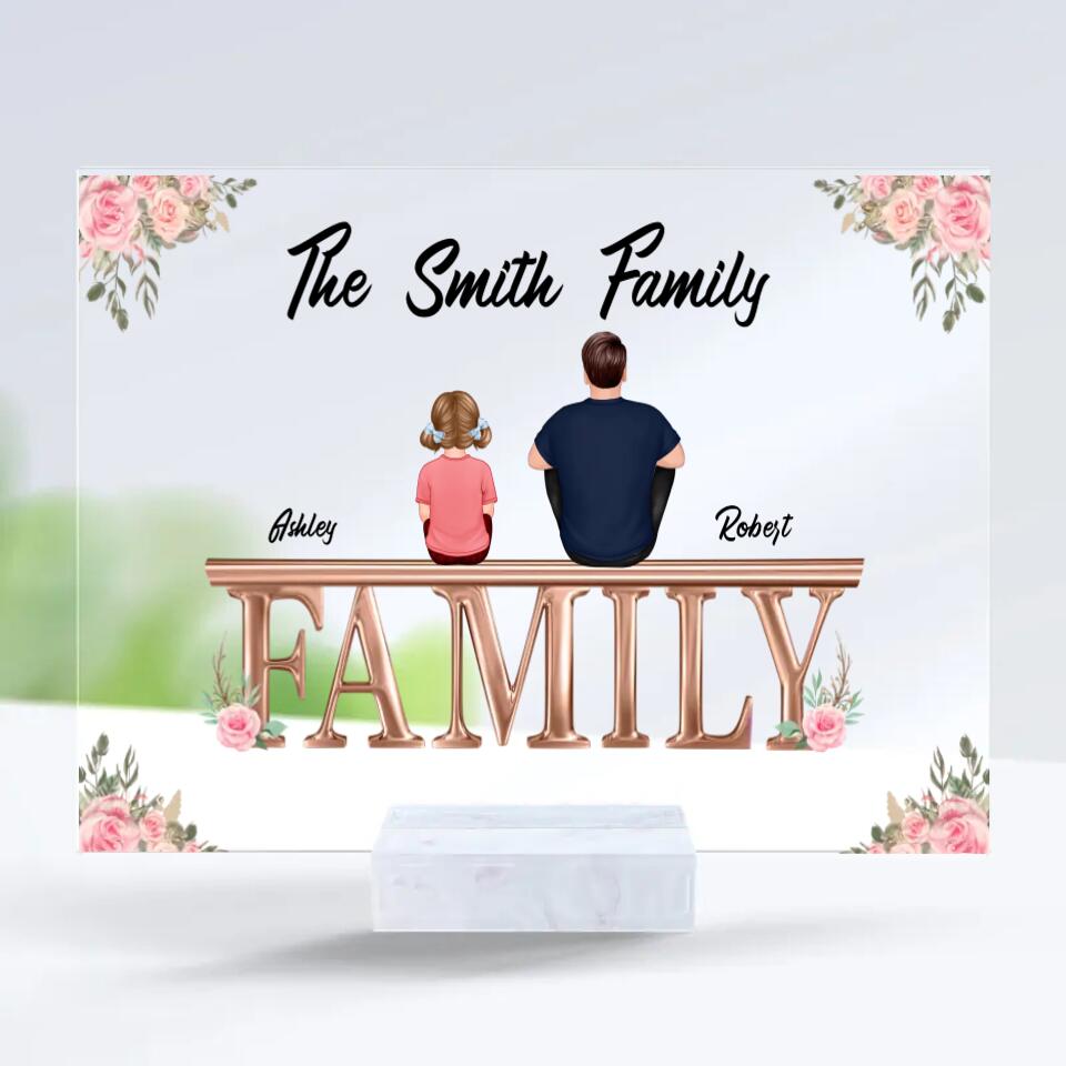 Whole Family Couple Grandma Grandpa Dad Mom Kids Dogs Cats Sitting On Word Personalized Acrylic Plaque PL-F17