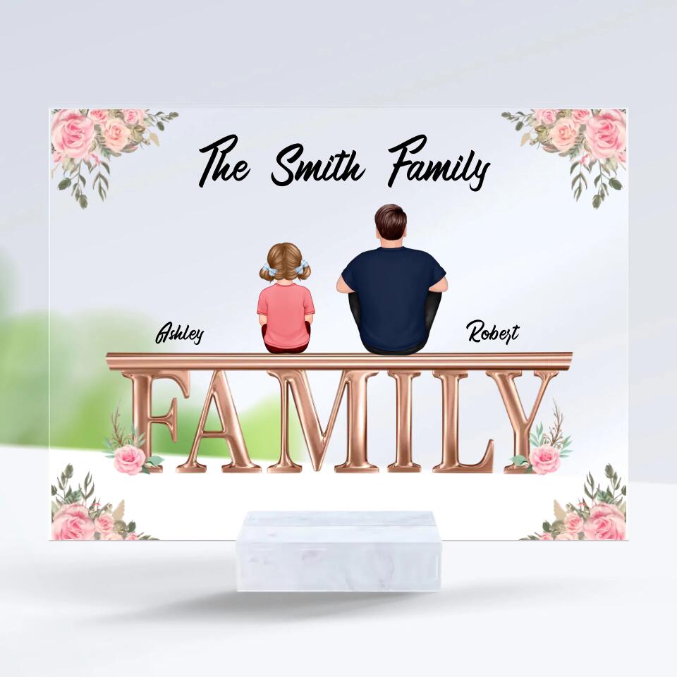 Whole Family Couple Grandma Grandpa Dad Mom Kids Dogs Cats Sitting On Word Personalized Acrylic Plaque PL-F17