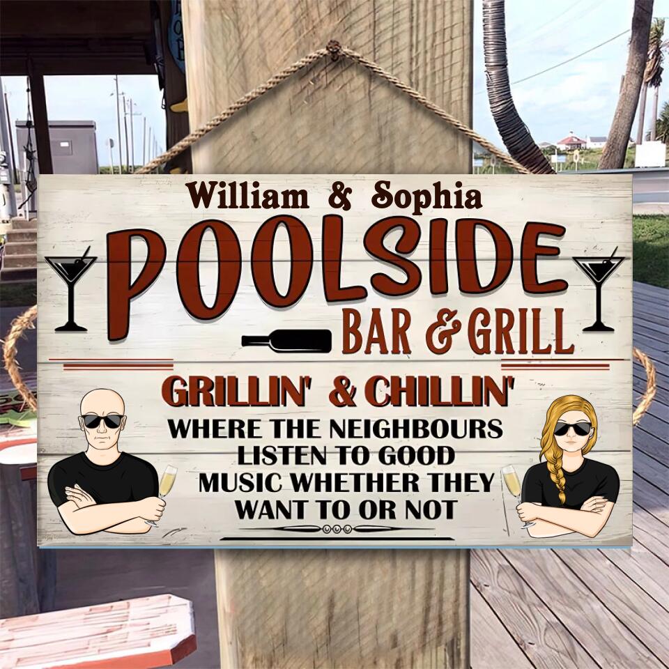 Pool Bar & Grill Where The Neighbour - Personalised Rectangle Wood Sign WS-F40