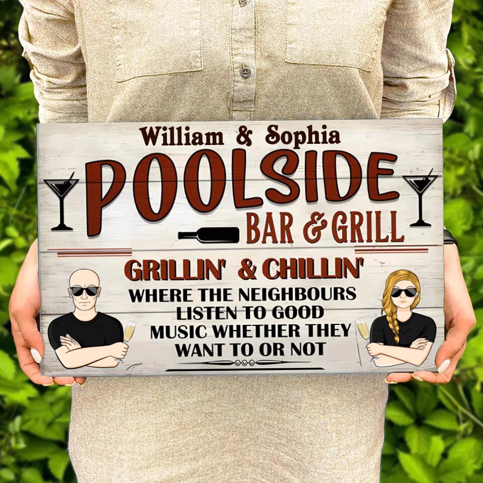 Pool Bar & Grill Where The Neighbour - Personalised Rectangle Wood Sign WS-F40