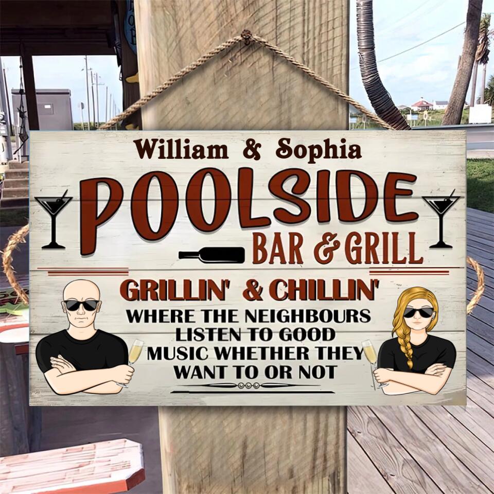 Pool Bar & Grill Where The Neighbour - Personalised Rectangle Wood Sign WS-F40