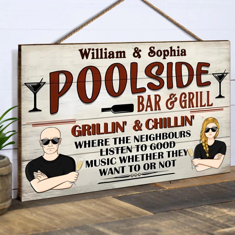 Pool Bar & Grill Where The Neighbour - Personalised Rectangle Wood Sign WS-F40