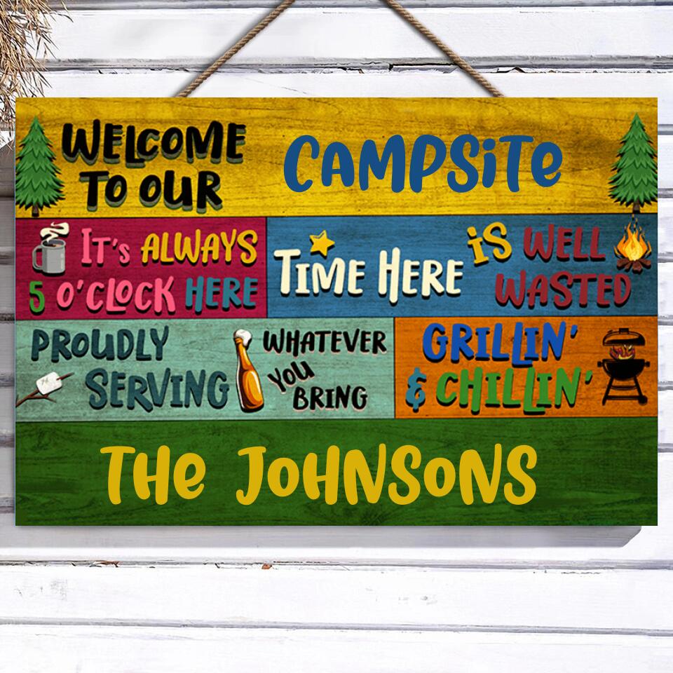 Camping Proudly Serving, Personalised Rectangle Wood  Sign WS-F39