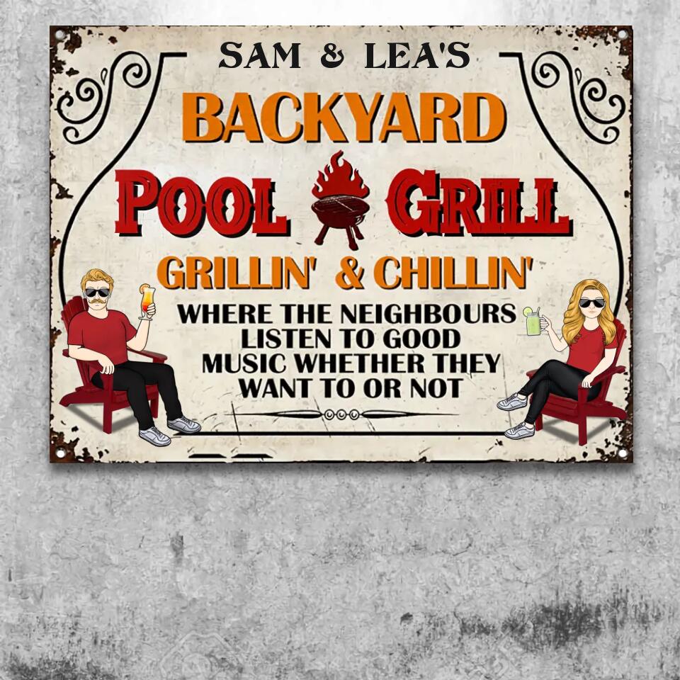 Backyard Pool And Grill Listen Good Music - Swimming Pool Decor - Personalized Custom Classic Metal Signs F143