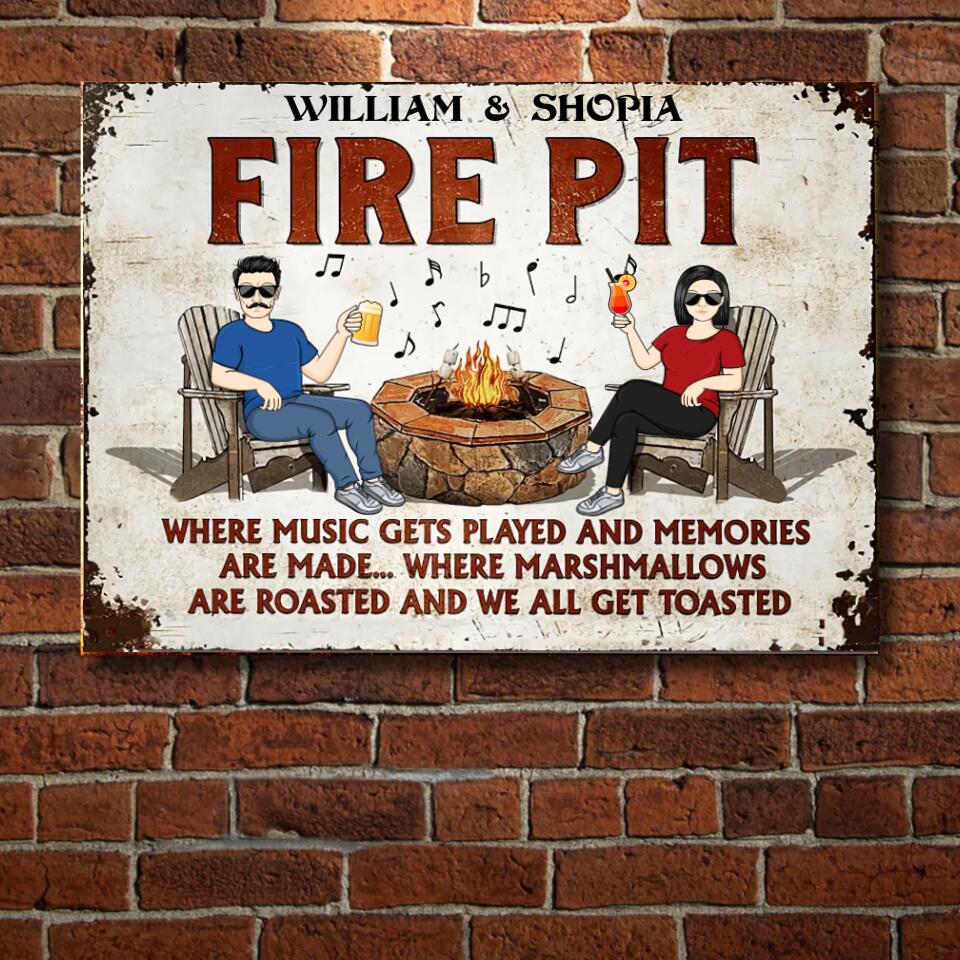 Fire Pit Where Music Gets Played Husband Wife Camping Couple - Backyard Sign - Personalized Custom Classic Metal Signs f8