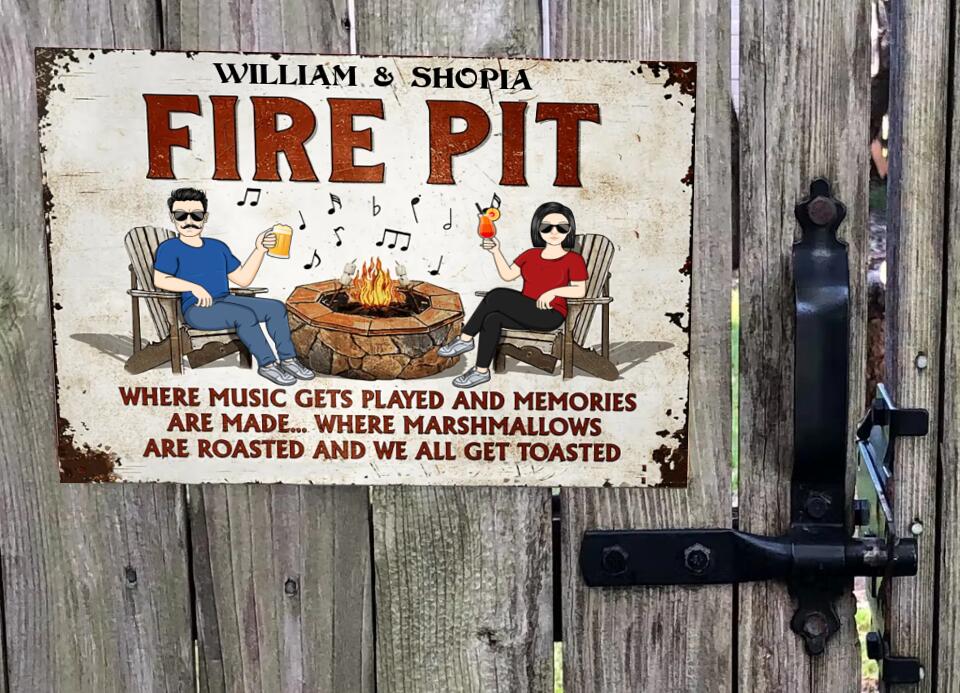 Fire Pit Where Music Gets Played Husband Wife Camping Couple - Backyard Sign - Personalized Custom Classic Metal Signs f8