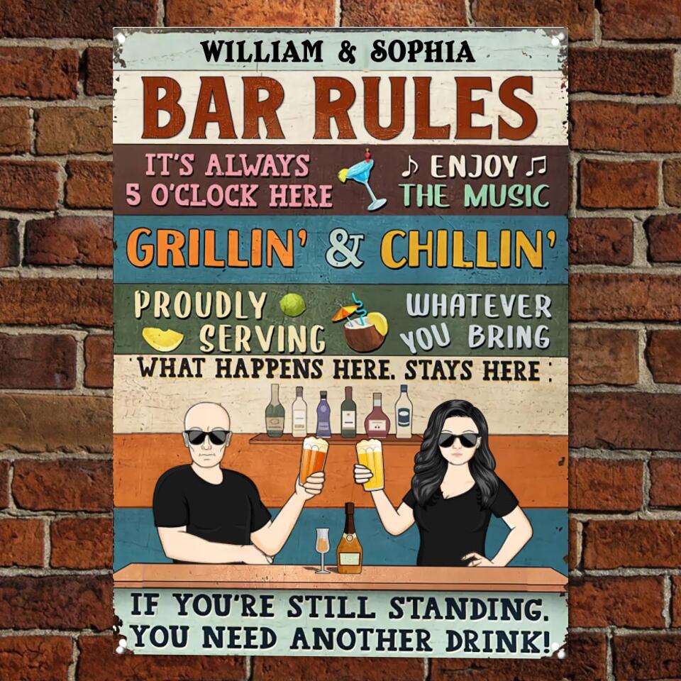 Bar Rules What Happens Here Stays Here Grilling Patio Couple Husband Wife Vintage - Backyard Sign - Personalized Custom Classic Metal Signs MSF136