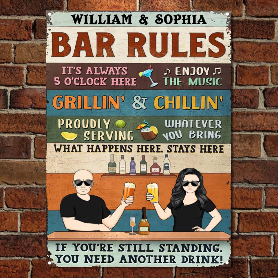 Bar Rules What Happens Here Stays Here Grilling Patio Couple Husband Wife Vintage - Backyard Sign - Personalized Custom Classic Metal Signs MSF136