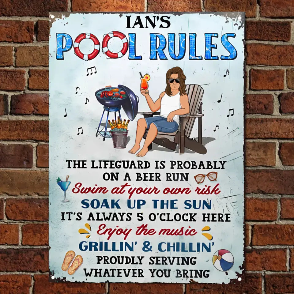 Pool Rules Swim At Your Own Risk Grilling Single - Backyard Sign - Personalized Custom Classic Metal Signs ms-f170