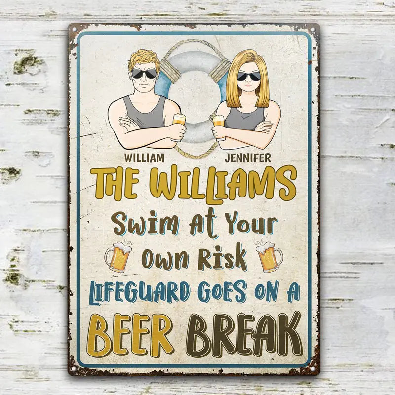 Poolside Swim At Your Own Risk - Gift For Couple - Personalized Custom Classic Metal Signs F162