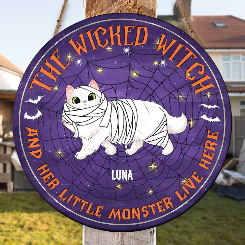 The Wicked Witch And Little Monsters Live Here - Funny  Cat Wooden Door Sign, Personalised Wood Sign, Halloween Decor WS10