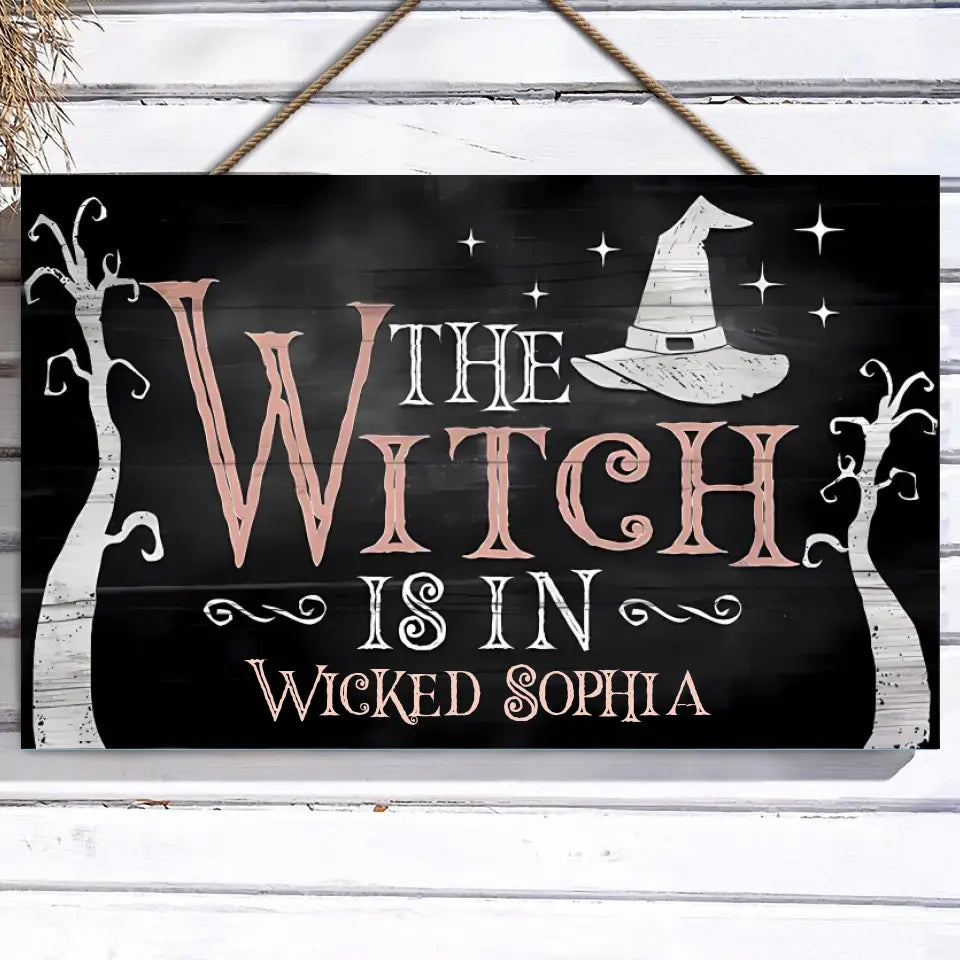 Halloween Witch Is In -  Personalised Wood Rectangle Sign, Welcome Sign For Haunted House Halloween Party Decor WSF49