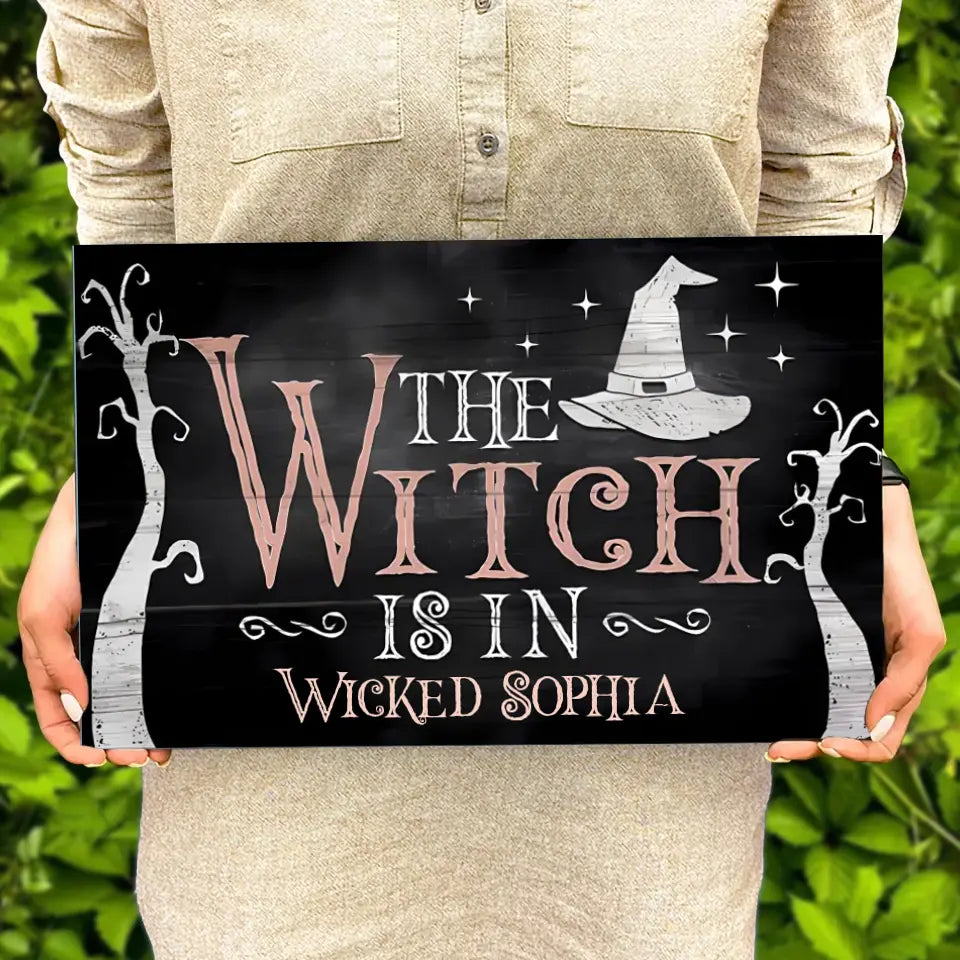 Halloween Witch Is In -  Personalised Wood Rectangle Sign, Welcome Sign For Haunted House Halloween Party Decor WSF49