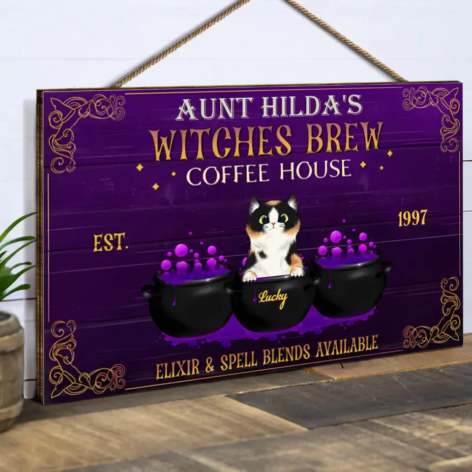 Personalized Cat Halloween Witches Brew Custom Wood Rectangle Sign, Witch Home Decor, Halloween Decorations Indoor, Cat Lover Decorating Idea WS18