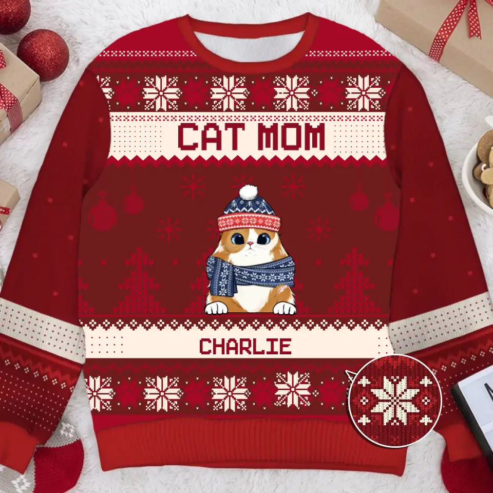 Merry Christmas, Cat Mom Cat Dad - Personalized Custom Unisex Ugly Christmas Sweatshirt, Wool Sweatshirt, All-Over-Print Sweatshirt - Gift For Cat Lovers, Pet Lovers, Christmas Gift U1