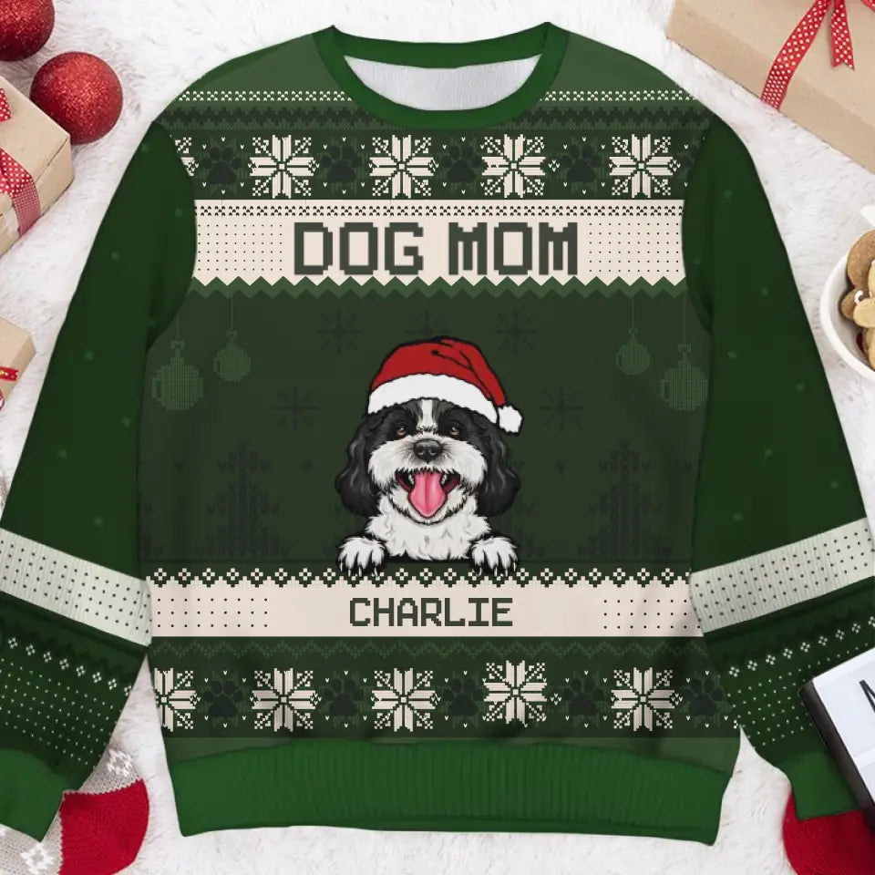 Merry Christmas, Dog Mom Dog Dad - Personalized Custom Unisex Ugly Christmas Sweatshirt, Wool Sweatshirt, All-Over-Print Sweatshirt - Gift For Dog Lovers, Pet Lovers, Christmas Gift U2