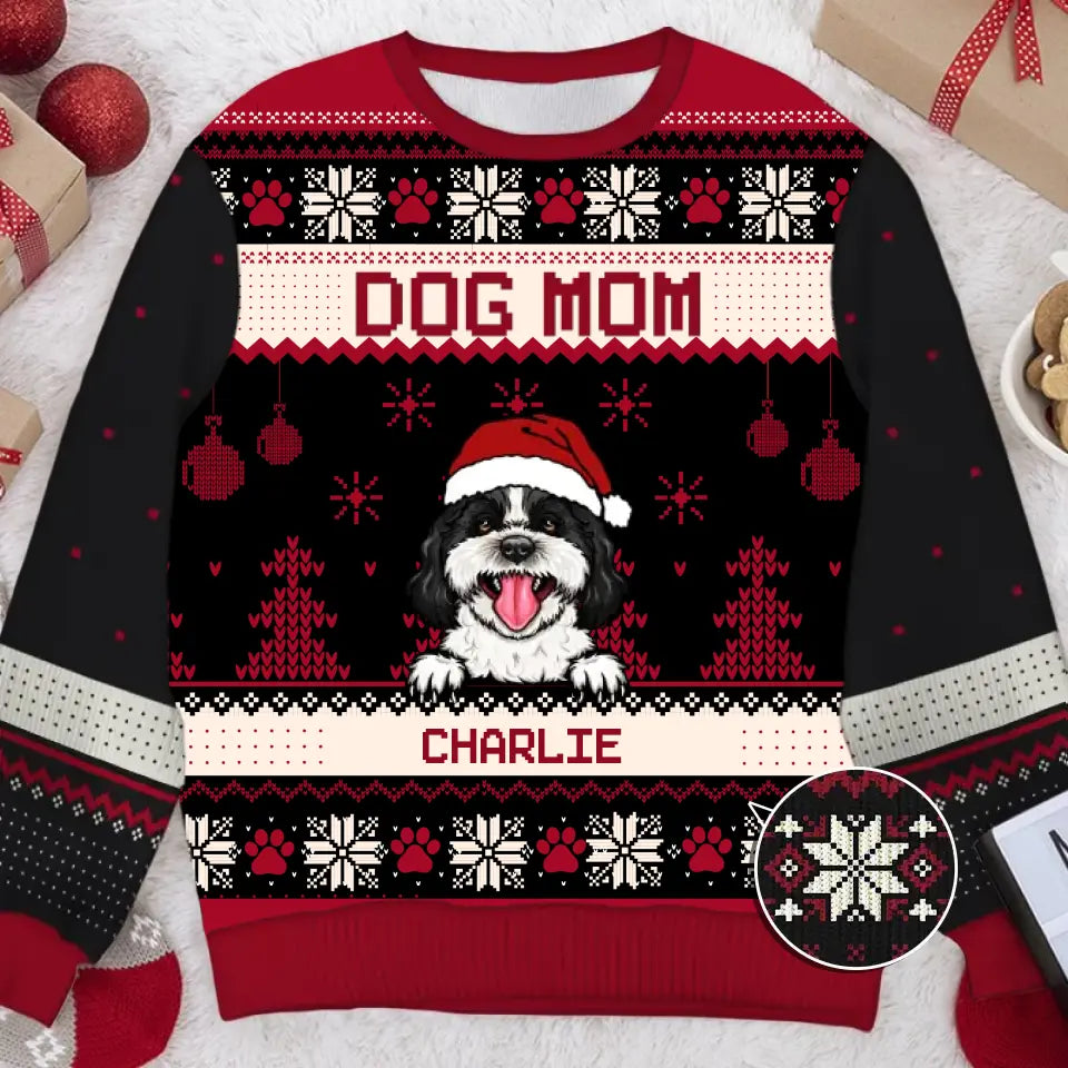 Merry Christmas, Dog Mom Dog Dad - Personalized Custom Unisex Ugly Christmas Sweatshirt, Wool Sweatshirt, All-Over-Print Sweatshirt - Gift For Dog Lovers, Pet Lovers, Christmas Gift U2